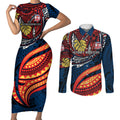 Personalised Sydney Roosters Couples Matching Short Sleeve Bodycon Dress and Long Sleeve Button Shirt Polynesian Tribal Art Style With Aggressive Rooster Mascot
