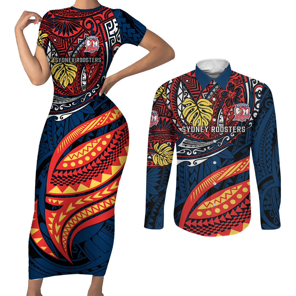 Personalised Sydney Roosters Couples Matching Short Sleeve Bodycon Dress and Long Sleeve Button Shirt Polynesian Tribal Art Style With Aggressive Rooster Mascot