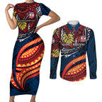 Personalised Sydney Roosters Couples Matching Short Sleeve Bodycon Dress and Long Sleeve Button Shirt Polynesian Tribal Art Style With Aggressive Rooster Mascot