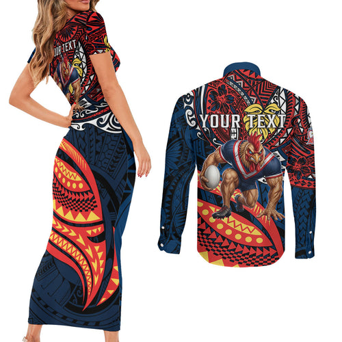 Personalised Sydney Roosters Couples Matching Short Sleeve Bodycon Dress and Long Sleeve Button Shirt Polynesian Tribal Art Style With Aggressive Rooster Mascot