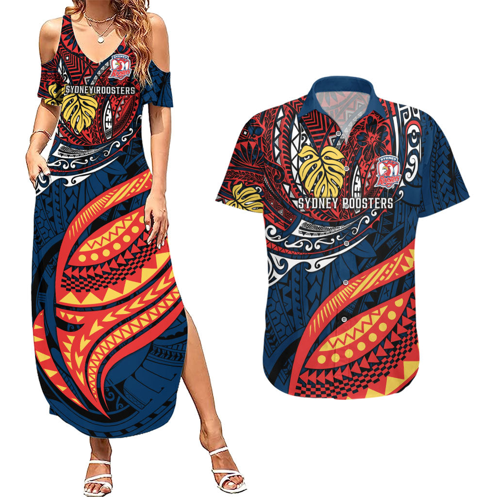 Personalised Sydney Roosters Couples Matching Summer Maxi Dress and Hawaiian Shirt Polynesian Tribal Art Style With Aggressive Rooster Mascot