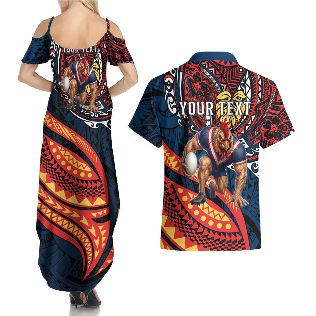 Personalised Sydney Roosters Couples Matching Summer Maxi Dress and Hawaiian Shirt Polynesian Tribal Art Style With Aggressive Rooster Mascot