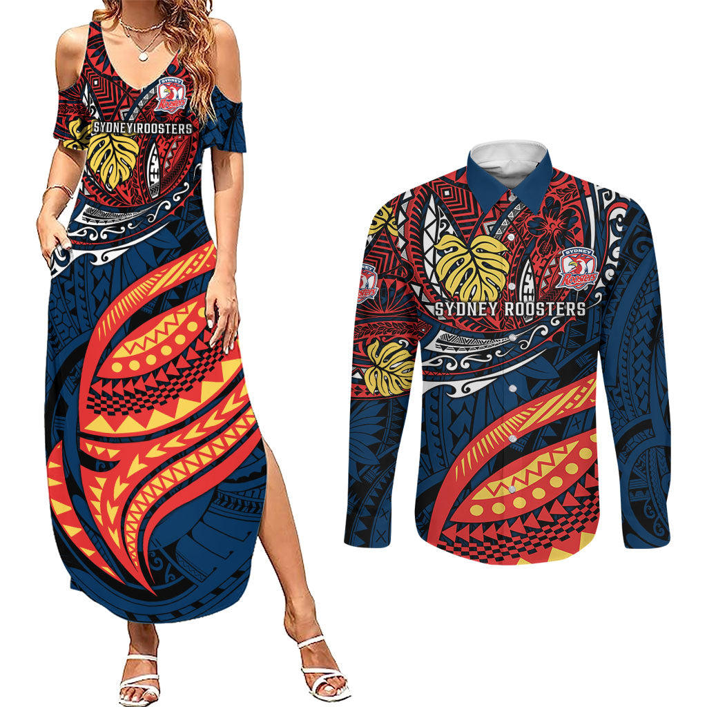 Personalised Sydney Roosters Couples Matching Summer Maxi Dress and Long Sleeve Button Shirt Polynesian Tribal Art Style With Aggressive Rooster Mascot