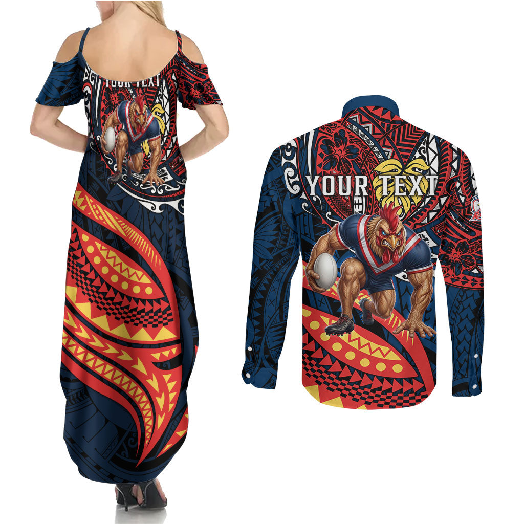 Personalised Sydney Roosters Couples Matching Summer Maxi Dress and Long Sleeve Button Shirt Polynesian Tribal Art Style With Aggressive Rooster Mascot