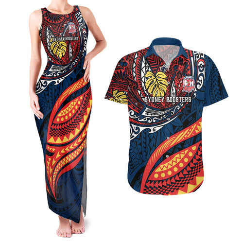 Personalised Sydney Roosters Couples Matching Tank Maxi Dress and Hawaiian Shirt Polynesian Tribal Art Style With Aggressive Rooster Mascot