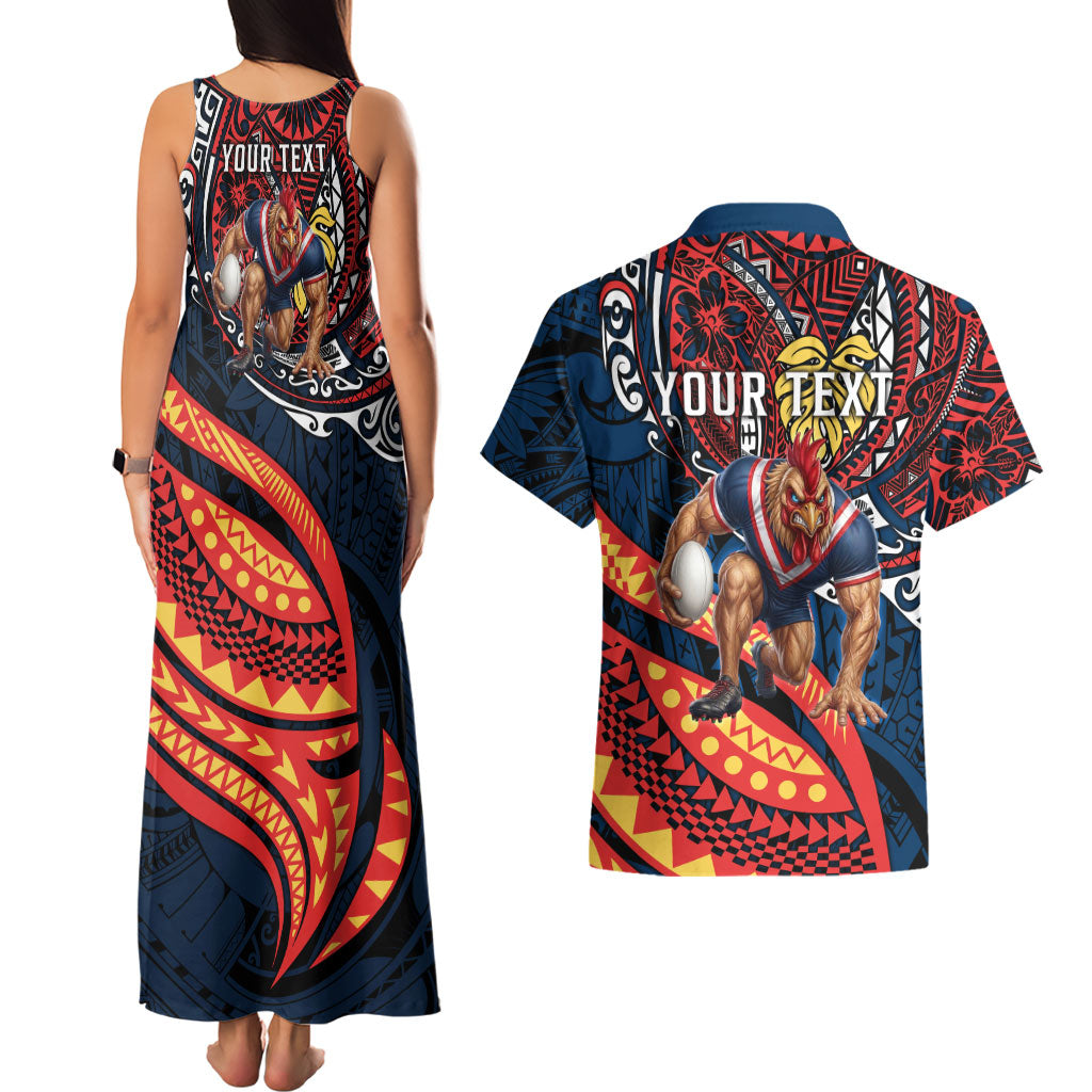Personalised Sydney Roosters Couples Matching Tank Maxi Dress and Hawaiian Shirt Polynesian Tribal Art Style With Aggressive Rooster Mascot