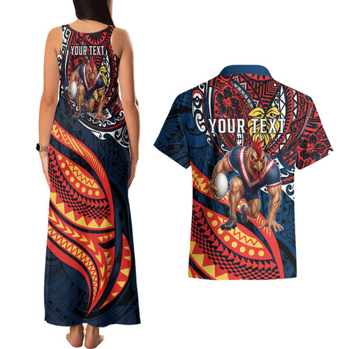 Personalised Sydney Roosters Couples Matching Tank Maxi Dress and Hawaiian Shirt Polynesian Tribal Art Style With Aggressive Rooster Mascot