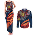 Personalised Sydney Roosters Couples Matching Tank Maxi Dress and Long Sleeve Button Shirt Polynesian Tribal Art Style With Aggressive Rooster Mascot