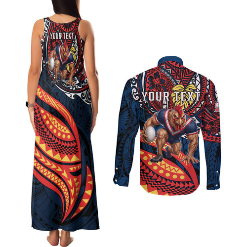 Personalised Sydney Roosters Couples Matching Tank Maxi Dress and Long Sleeve Button Shirt Polynesian Tribal Art Style With Aggressive Rooster Mascot