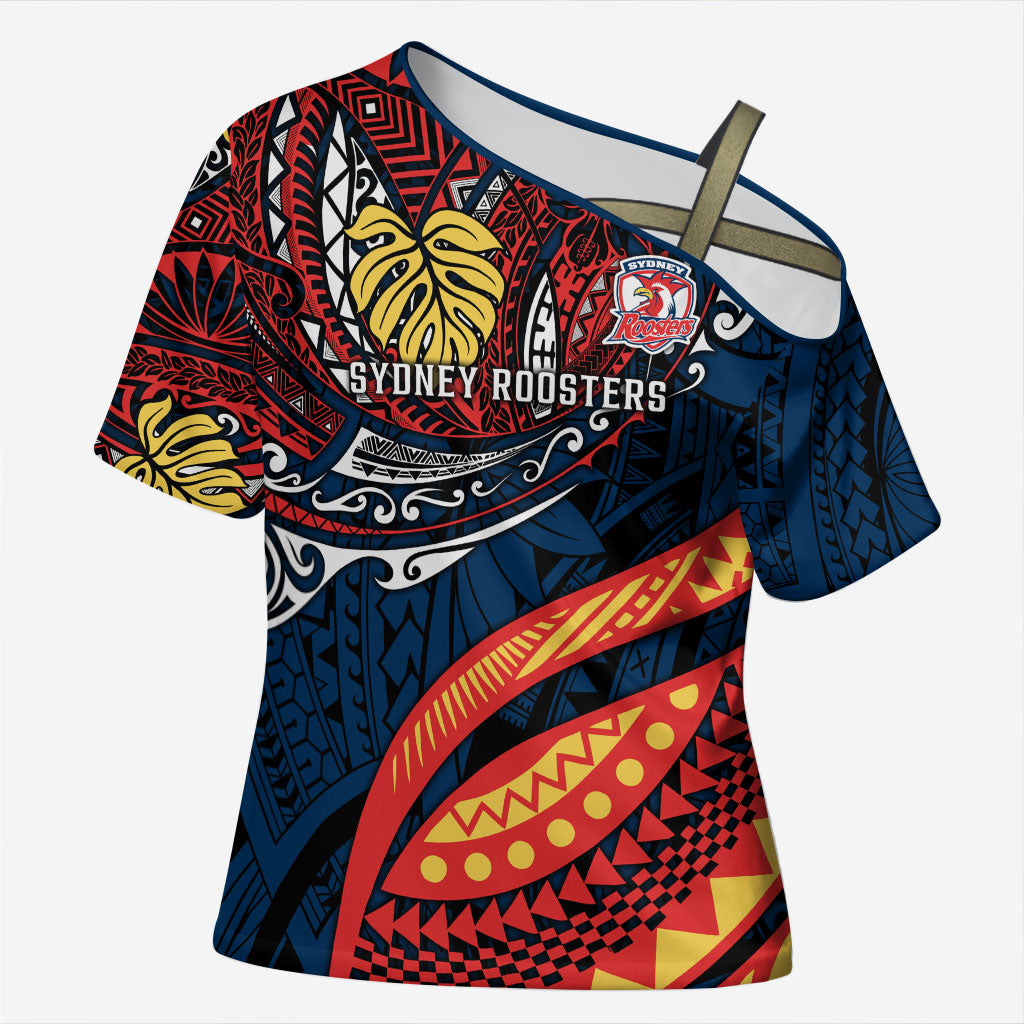 Personalised Sydney Roosters Cross Shoulder Shirt Polynesian Tribal Art Style With Aggressive Rooster Mascot