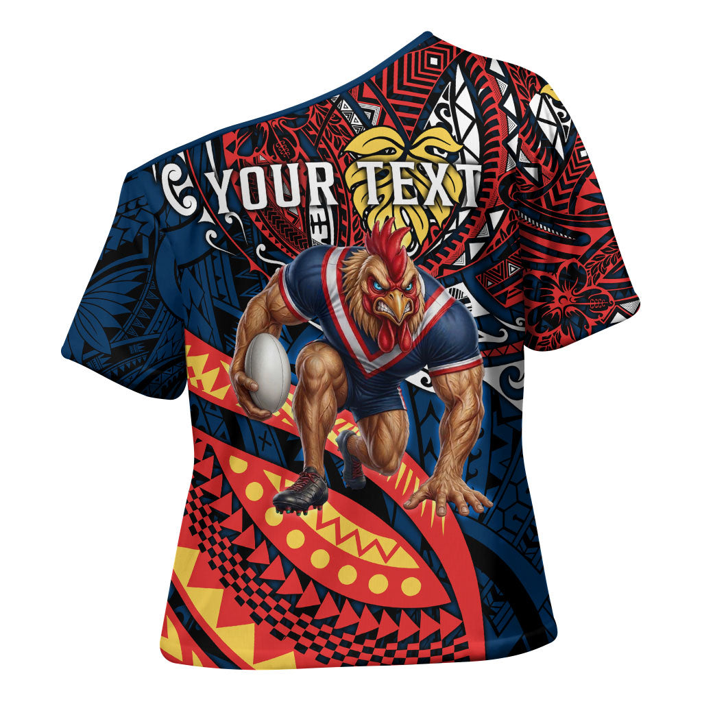 Personalised Sydney Roosters Cross Shoulder Shirt Polynesian Tribal Art Style With Aggressive Rooster Mascot