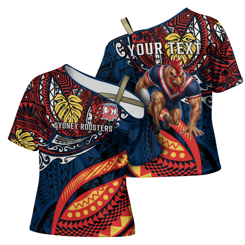 Personalised Sydney Roosters Cross Shoulder Shirt Polynesian Tribal Art Style With Aggressive Rooster Mascot