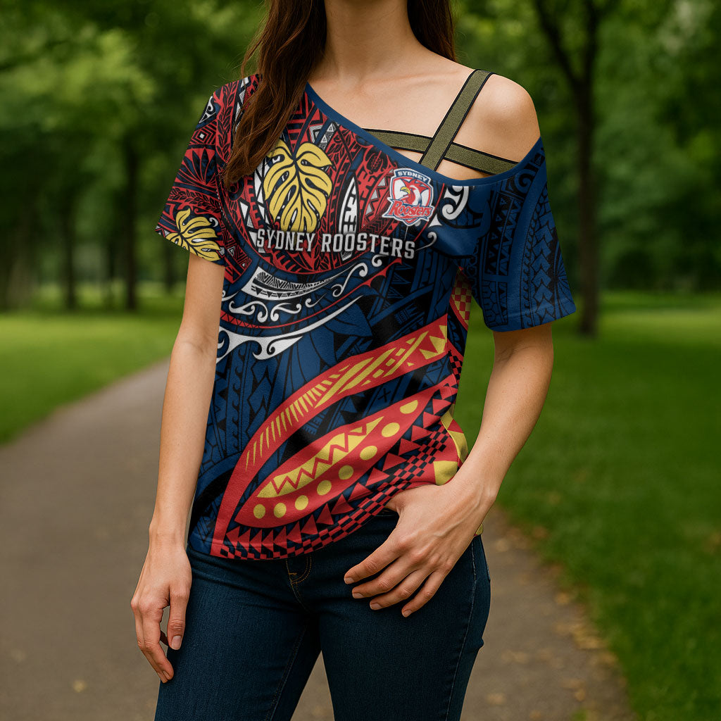 Personalised Sydney Roosters Cross Shoulder Shirt Polynesian Tribal Art Style With Aggressive Rooster Mascot