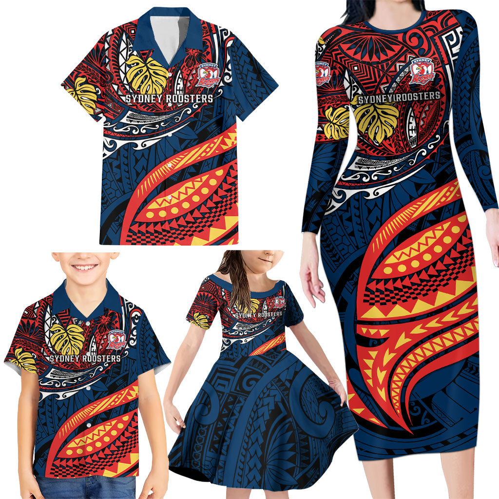 Personalised Sydney Roosters Family Matching Long Sleeve Bodycon Dress and Hawaiian Shirt Polynesian Tribal Art Style With Aggressive Rooster Mascot