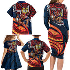 Personalised Sydney Roosters Family Matching Long Sleeve Bodycon Dress and Hawaiian Shirt Polynesian Tribal Art Style With Aggressive Rooster Mascot
