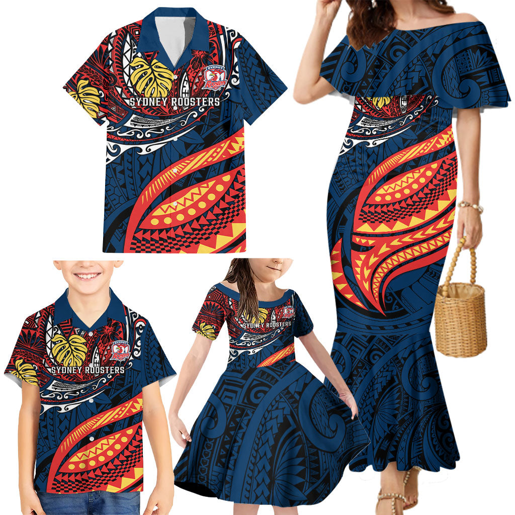 Personalised Sydney Roosters Family Matching Mermaid Dress and Hawaiian Shirt Polynesian Tribal Art Style With Aggressive Rooster Mascot