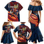 Personalised Sydney Roosters Family Matching Mermaid Dress and Hawaiian Shirt Polynesian Tribal Art Style With Aggressive Rooster Mascot