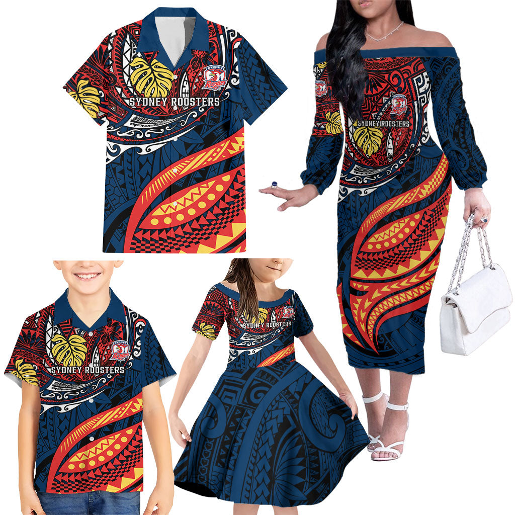 Personalised Sydney Roosters Family Matching Off The Shoulder Long Sleeve Dress and Hawaiian Shirt Polynesian Tribal Art Style With Aggressive Rooster Mascot