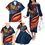 Personalised Sydney Roosters Family Matching Off The Shoulder Long Sleeve Dress and Hawaiian Shirt Polynesian Tribal Art Style With Aggressive Rooster Mascot