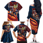 Personalised Sydney Roosters Family Matching Off The Shoulder Long Sleeve Dress and Hawaiian Shirt Polynesian Tribal Art Style With Aggressive Rooster Mascot