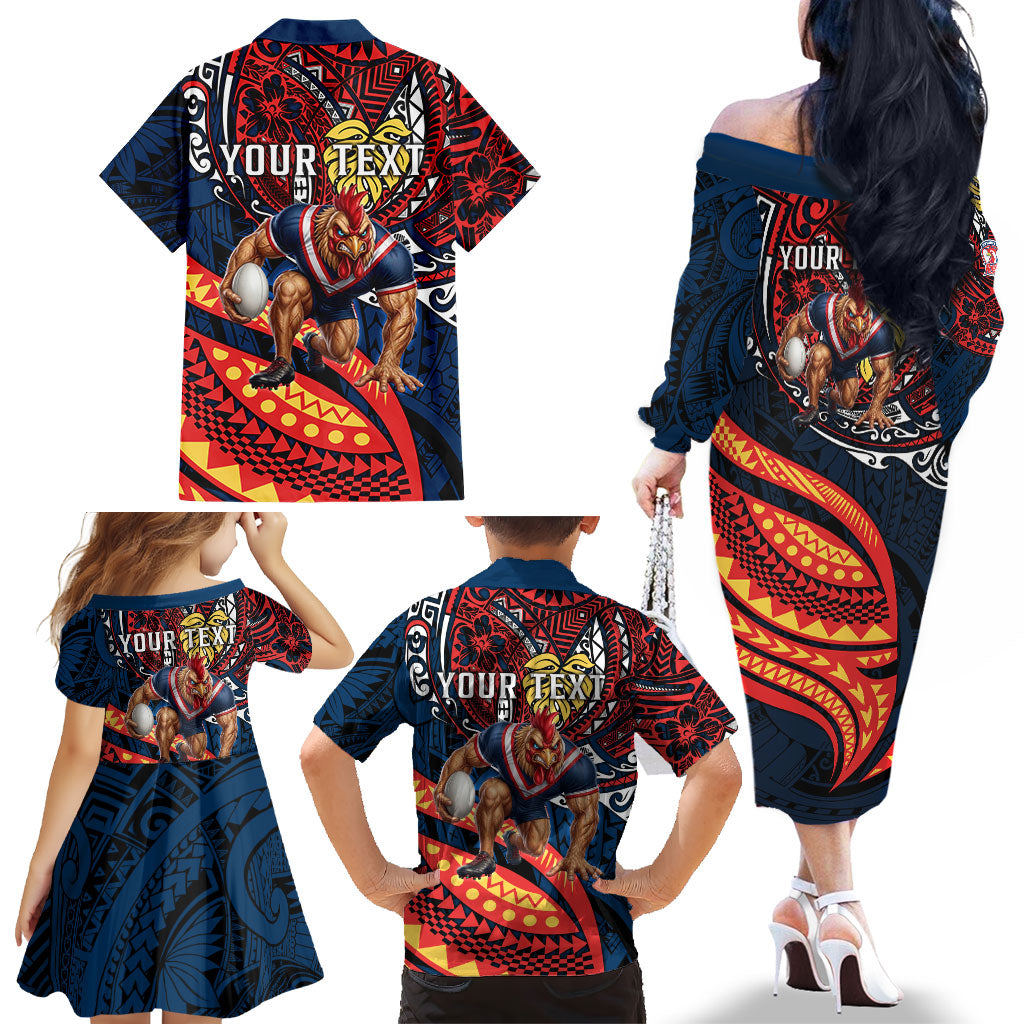 Personalised Sydney Roosters Family Matching Off The Shoulder Long Sleeve Dress and Hawaiian Shirt Polynesian Tribal Art Style With Aggressive Rooster Mascot
