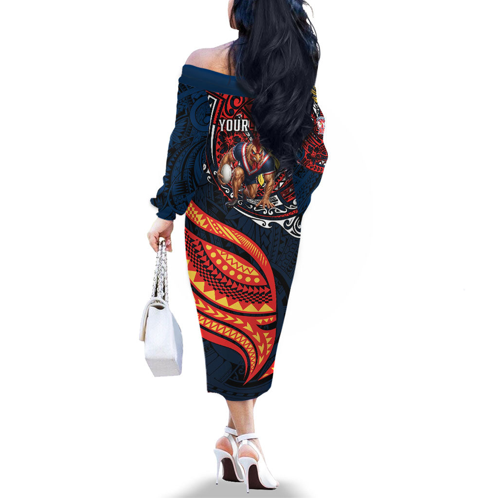 Personalised Sydney Roosters Family Matching Off The Shoulder Long Sleeve Dress and Hawaiian Shirt Polynesian Tribal Art Style With Aggressive Rooster Mascot