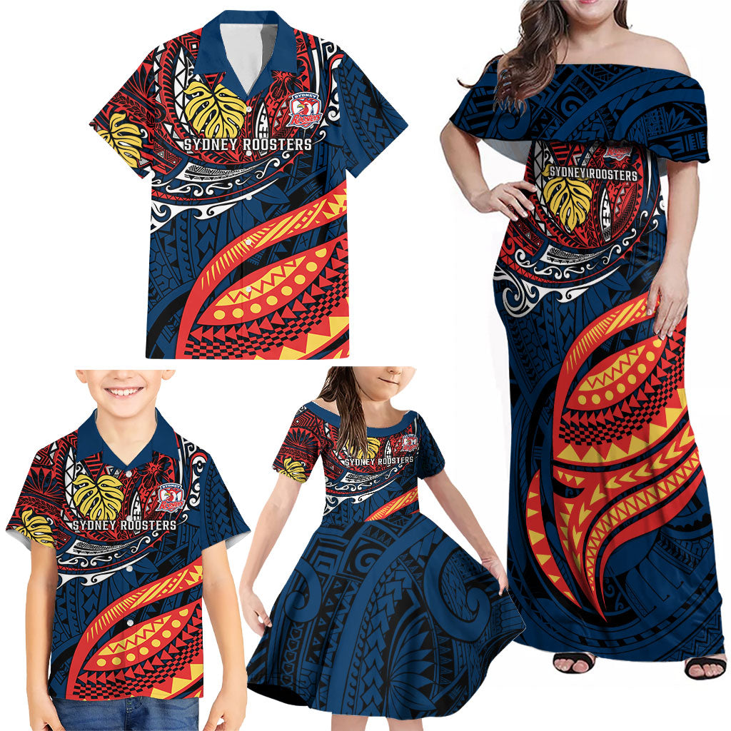 Personalised Sydney Roosters Family Matching Off Shoulder Maxi Dress and Hawaiian Shirt Polynesian Tribal Art Style With Aggressive Rooster Mascot