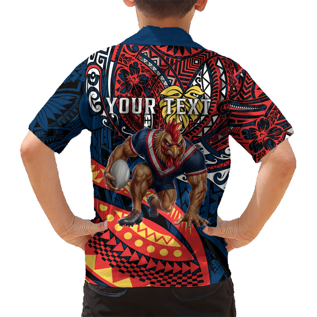 Personalised Sydney Roosters Family Matching Off Shoulder Maxi Dress and Hawaiian Shirt Polynesian Tribal Art Style With Aggressive Rooster Mascot