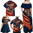 Personalised Sydney Roosters Family Matching Off Shoulder Maxi Dress and Hawaiian Shirt Polynesian Tribal Art Style With Aggressive Rooster Mascot