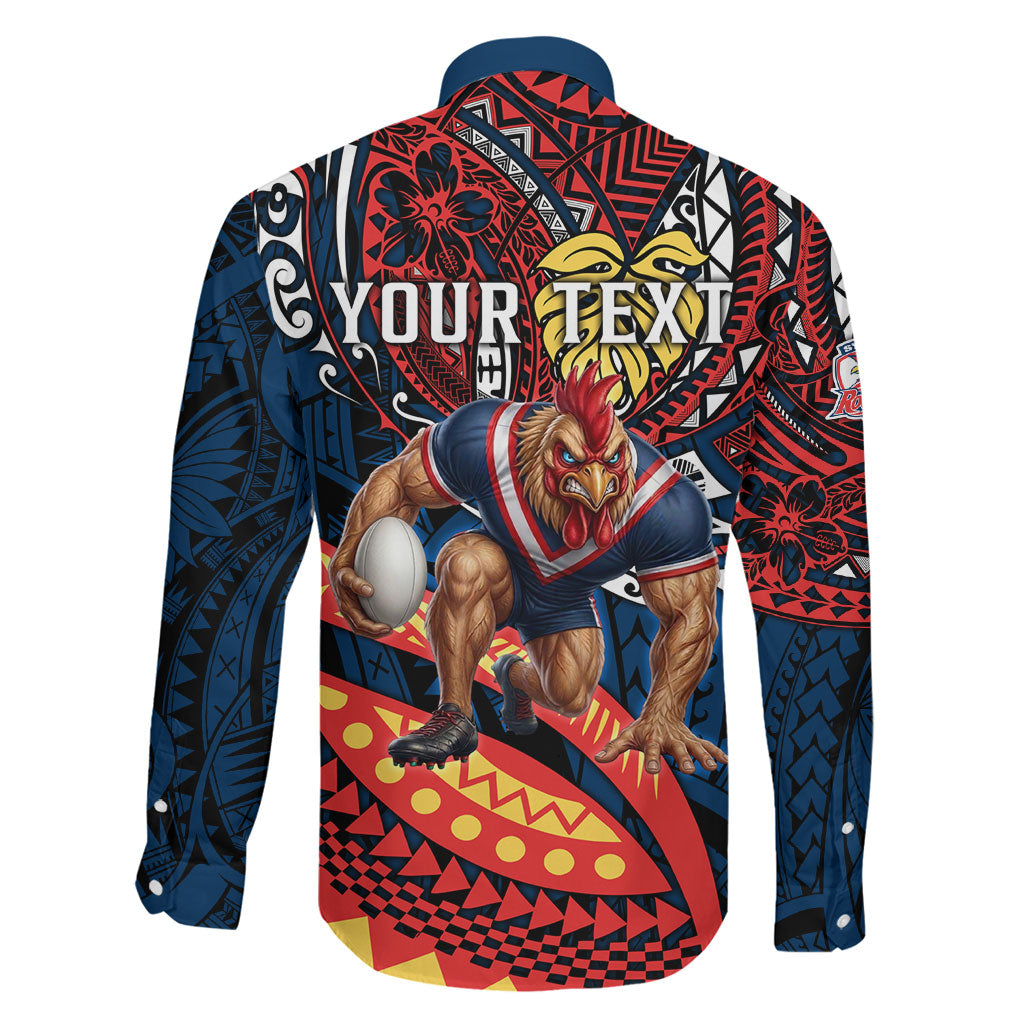 Personalised Sydney Roosters Family Matching Off Shoulder Maxi Dress and Hawaiian Shirt Polynesian Tribal Art Style With Aggressive Rooster Mascot