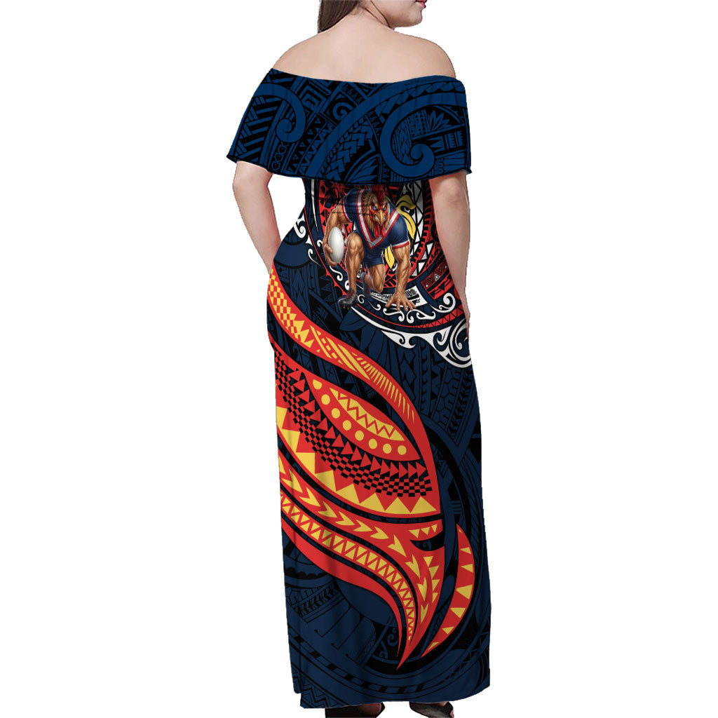 Personalised Sydney Roosters Family Matching Off Shoulder Maxi Dress and Hawaiian Shirt Polynesian Tribal Art Style With Aggressive Rooster Mascot