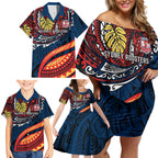 Personalised Sydney Roosters Family Matching Off Shoulder Short Dress and Hawaiian Shirt Polynesian Tribal Art Style With Aggressive Rooster Mascot