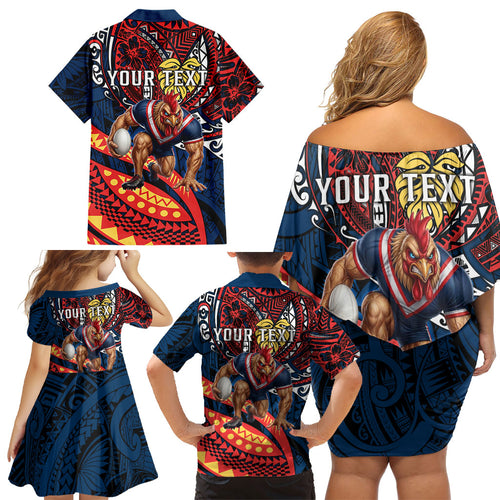 Personalised Sydney Roosters Family Matching Off Shoulder Short Dress and Hawaiian Shirt Polynesian Tribal Art Style With Aggressive Rooster Mascot