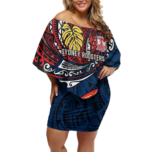 Personalised Sydney Roosters Family Matching Off Shoulder Short Dress and Hawaiian Shirt Polynesian Tribal Art Style With Aggressive Rooster Mascot