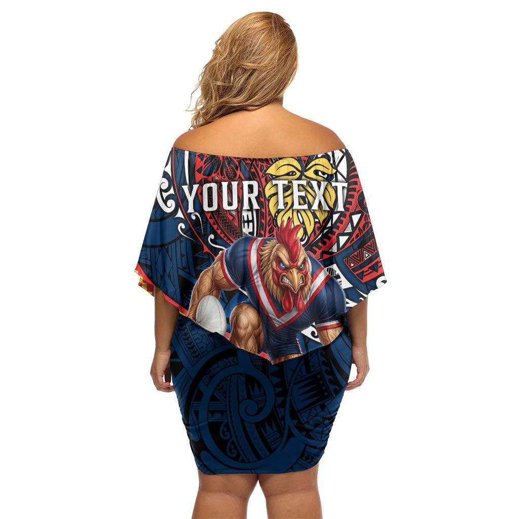 Personalised Sydney Roosters Family Matching Off Shoulder Short Dress and Hawaiian Shirt Polynesian Tribal Art Style With Aggressive Rooster Mascot
