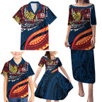 Personalised Sydney Roosters Family Matching Puletasi and Hawaiian Shirt Polynesian Tribal Art Style With Aggressive Rooster Mascot