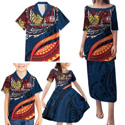 Personalised Sydney Roosters Family Matching Puletasi and Hawaiian Shirt Polynesian Tribal Art Style With Aggressive Rooster Mascot