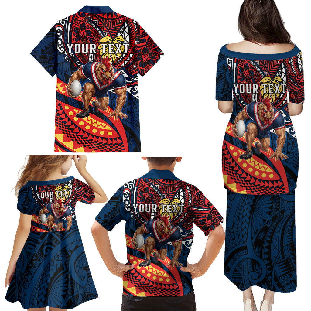 Personalised Sydney Roosters Family Matching Puletasi and Hawaiian Shirt Polynesian Tribal Art Style With Aggressive Rooster Mascot