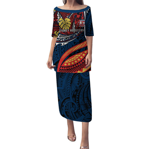 Personalised Sydney Roosters Family Matching Puletasi and Hawaiian Shirt Polynesian Tribal Art Style With Aggressive Rooster Mascot