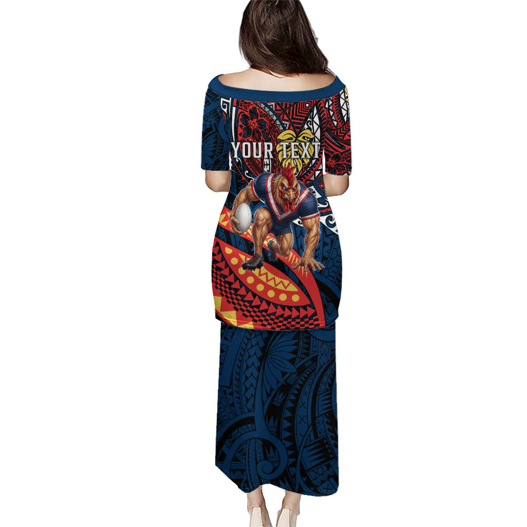 Personalised Sydney Roosters Family Matching Puletasi and Hawaiian Shirt Polynesian Tribal Art Style With Aggressive Rooster Mascot