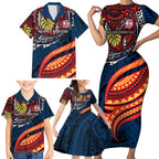 Personalised Sydney Roosters Family Matching Short Sleeve Bodycon Dress and Hawaiian Shirt Polynesian Tribal Art Style With Aggressive Rooster Mascot