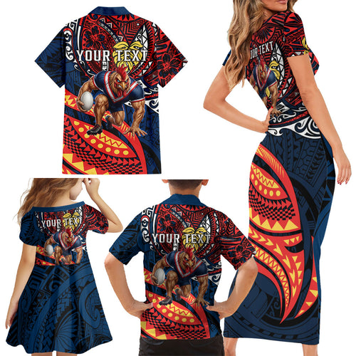 Personalised Sydney Roosters Family Matching Short Sleeve Bodycon Dress and Hawaiian Shirt Polynesian Tribal Art Style With Aggressive Rooster Mascot