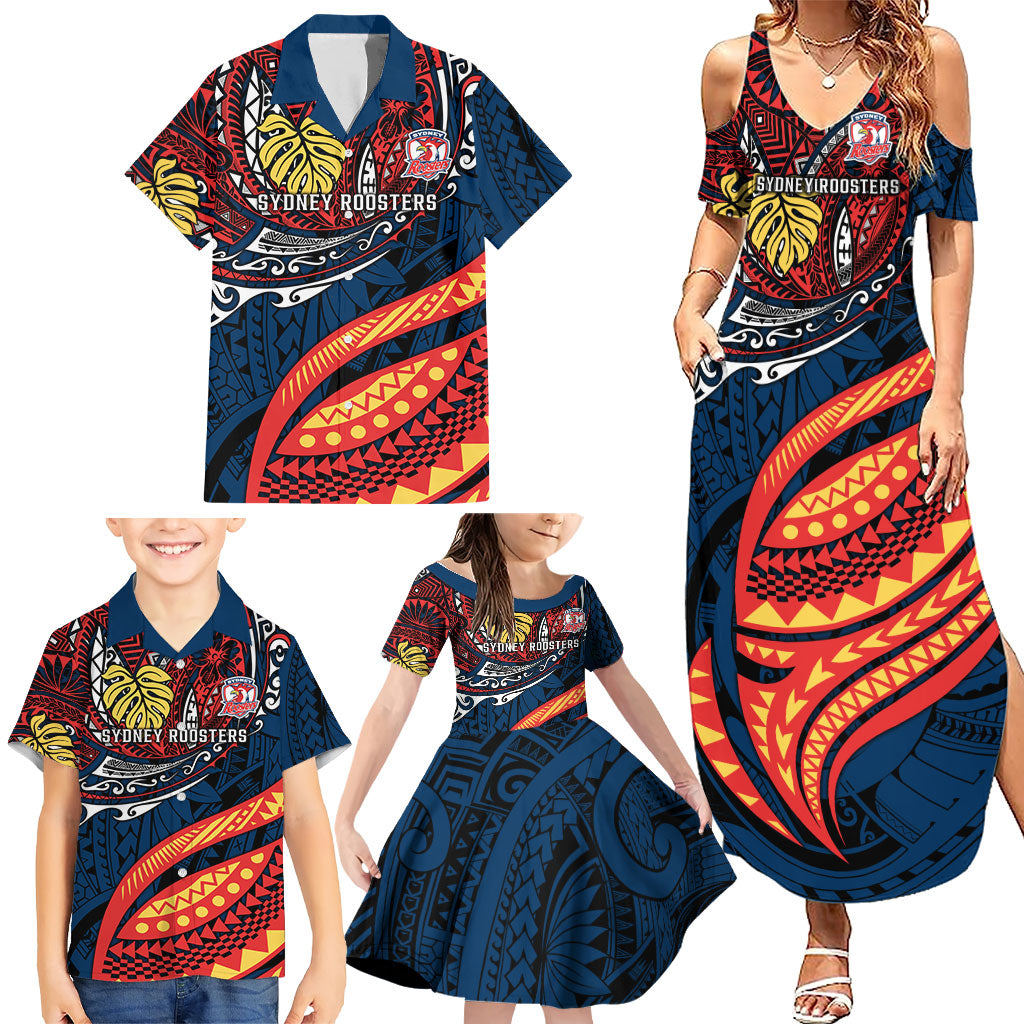 Personalised Sydney Roosters Family Matching Summer Maxi Dress and Hawaiian Shirt Polynesian Tribal Art Style With Aggressive Rooster Mascot