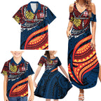 Personalised Sydney Roosters Family Matching Summer Maxi Dress and Hawaiian Shirt Polynesian Tribal Art Style With Aggressive Rooster Mascot