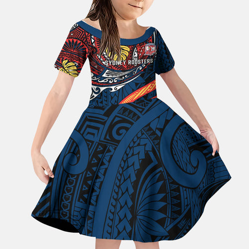 Personalised Sydney Roosters Family Matching Summer Maxi Dress and Hawaiian Shirt Polynesian Tribal Art Style With Aggressive Rooster Mascot