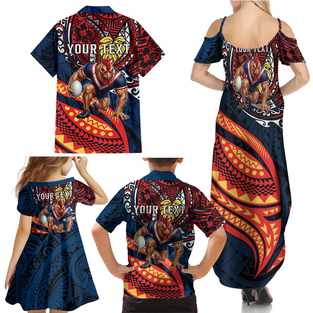 Personalised Sydney Roosters Family Matching Summer Maxi Dress and Hawaiian Shirt Polynesian Tribal Art Style With Aggressive Rooster Mascot