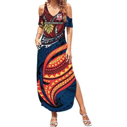 Personalised Sydney Roosters Family Matching Summer Maxi Dress and Hawaiian Shirt Polynesian Tribal Art Style With Aggressive Rooster Mascot