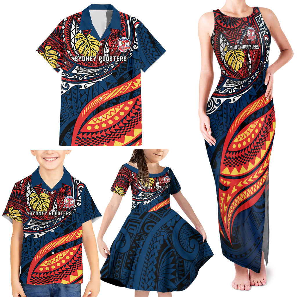 Personalised Sydney Roosters Family Matching Tank Maxi Dress and Hawaiian Shirt Polynesian Tribal Art Style With Aggressive Rooster Mascot