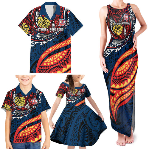 Personalised Sydney Roosters Family Matching Tank Maxi Dress and Hawaiian Shirt Polynesian Tribal Art Style With Aggressive Rooster Mascot