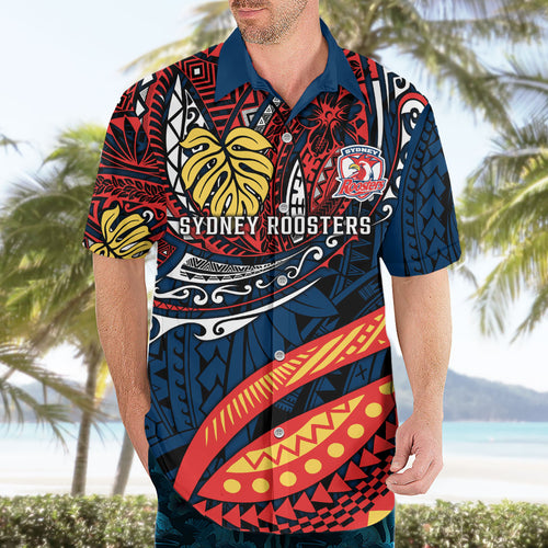 Personalised Sydney Roosters Hawaiian Shirt Polynesian Tribal Art Style With Aggressive Rooster Mascot